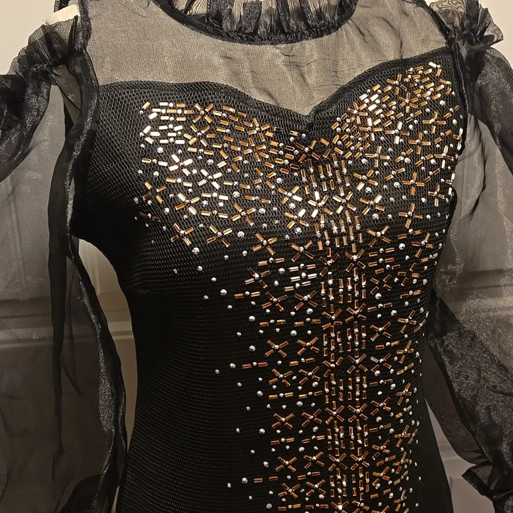 Elegant Black Evening Dress Metallic Detailing Lined Body Large Zip Back - Picture 3 of 12